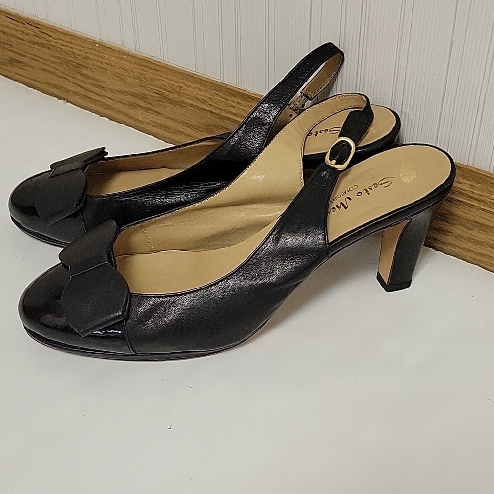Sesto Meucci Italian comfort sling black heels. Leather sz 7.5 bow 3" heel black